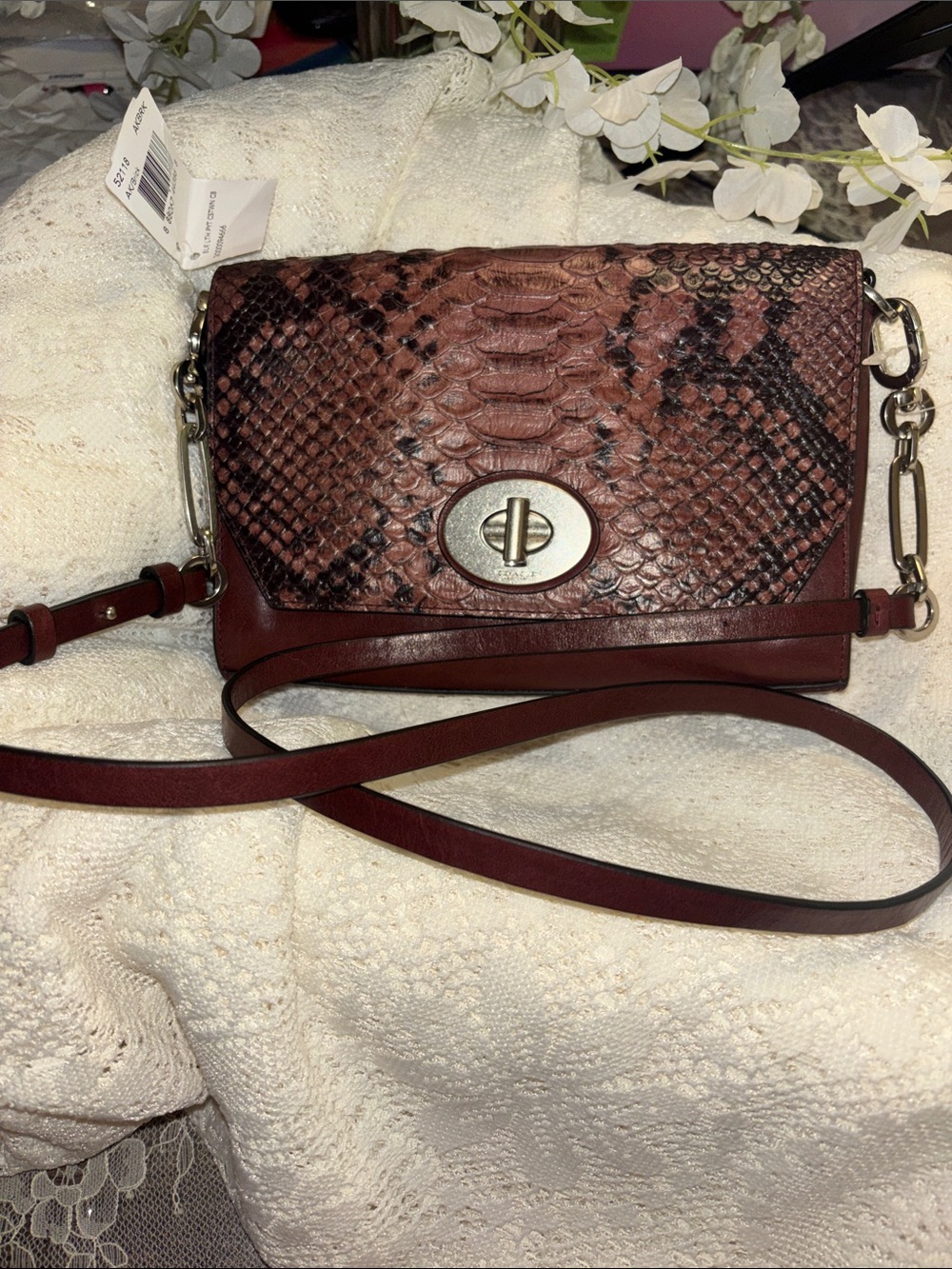 Coach Crosstown Crossbody Turnlock Bag featuring a brick python embossed leather